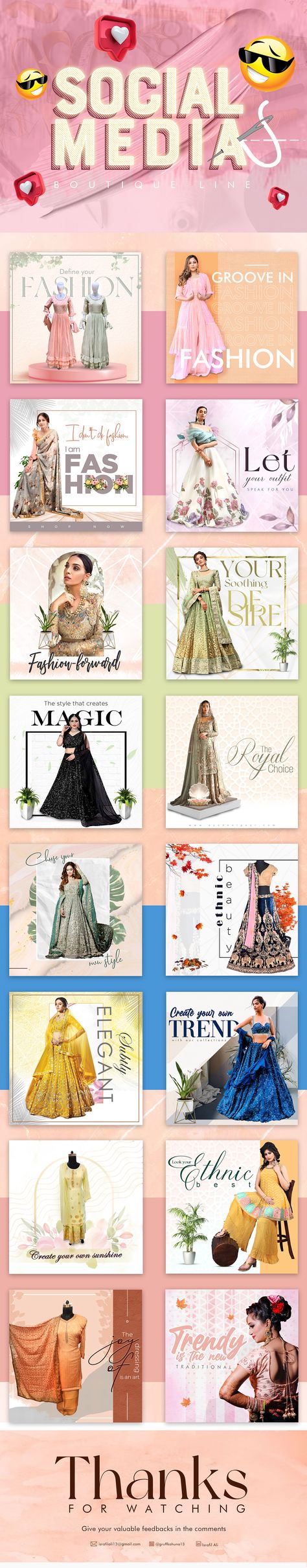 Social Media Post Design for Boutiques on Behance Social Media Post Boutique, Pamphlet Design For Boutique, Fashion Design Social Media Post, Saree Instagram Post, Saree Social Media Post, Dress Social Media Post, Boutique Social Media Post Ideas, Boutique Social Media Post, Clothes Social Media Post