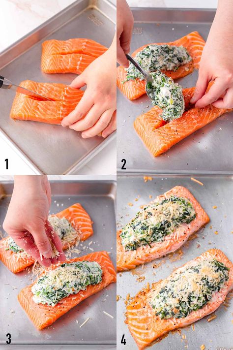 Spinach Cream Cheese Salmon, Spinach Feta Stuffed Salmon, Salmon Stuffed Baked Potato, Creamy Spinach Stuffed Salmon, Creamed Spinach Stuffed Salmon, Stuffed Salmon Recipes Spinach Baked, Salmon Ricotta Recipes, Stuff Salmon With Spinach, Stuffed Salmon Recipes Spinach