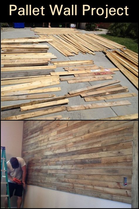 Put up a pallet wall with this easy and inexpensive DIY project! Bar Pallet, Timber Feature Wall, Diy Pallet Decoration, Diy Pallet Wall, Wood Pallet Wall, Prayer Wall, Pallet Creations, Pallet Decor, Pallet Wall