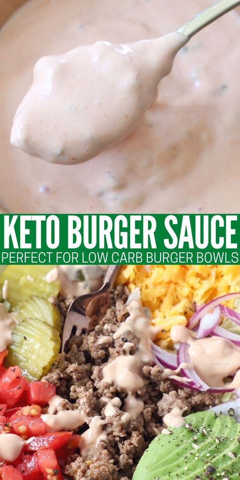 Make THE BEST classic burger sauce at home with this 4 ingredient recipe that's low carb and easy to make in only 5 minutes! This "secret sauce" is perfect for topping burgers, bowls and more. Bunless Burger Ideas, Chili Burgers Recipe, Bunless Burgers, Keto Sauce, Chili Burger, Smash Burger Recipe, In And Out Burger, Bunless Burger, Classic Burger