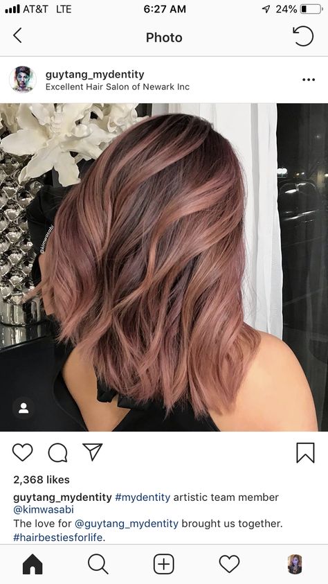 Brownish Pink Hair Color, Light Brown Hair With Rose Gold, Caramel And Pink Hair, Rose Blonde Highlights, Blush Brown Hair, Brown Hair With Rose Gold Peekaboo, Pink Toner For Brown Hair, Pinky Brown Hair, Brown Hair With Rose Gold Highlights