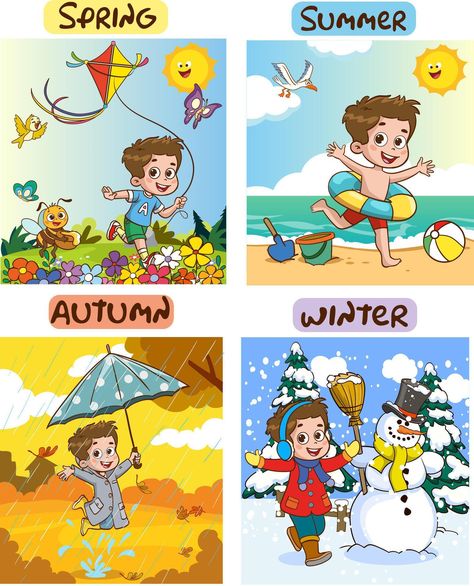 Vector illustration of Four Seasons With Cartoon Kid 4 Seasons Worksheets For Kids, 4 Seasons Drawing, Winter Season Drawing, Summer Season Images, Seasons For Kids, Season Worksheet, Seasons Drawing, Seasons Clipart, Winter Season Images