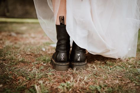 Personalised wedding Dr Martens with the wedding date Black Wedding Dress With Doc Martens, Bridal Dr Martens, Wedding Dress With Docs, Wedding Dress With Black Boots, Docs With Wedding Dress, Doc Martens Bride, Wedding Doc Martens Bride, Doc Martens With Wedding Dress, Bridal Doc Martens