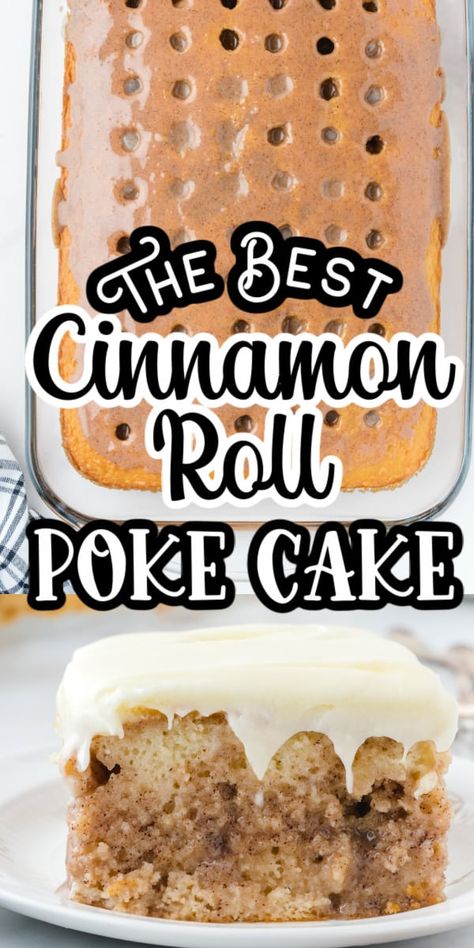 Cinnamon Roll Poke Cake starts with a box of cake mix and followed by a creamy cinnamon sugar filling and topped off with a delicious cream cheese frosting. This easy sheet cake will soon become a family favorite recipe! Carmelized Chuck Roast In Oven, Butter Recipe Cake Mix Recipes, East Birthday Cakes, Cake Mix Poke Cake Recipes, Last Minute Desserts Quick, Sheet Pan Cakes, White Cake Mix Recipes, Vanilla Poke Cake, Pole Cake