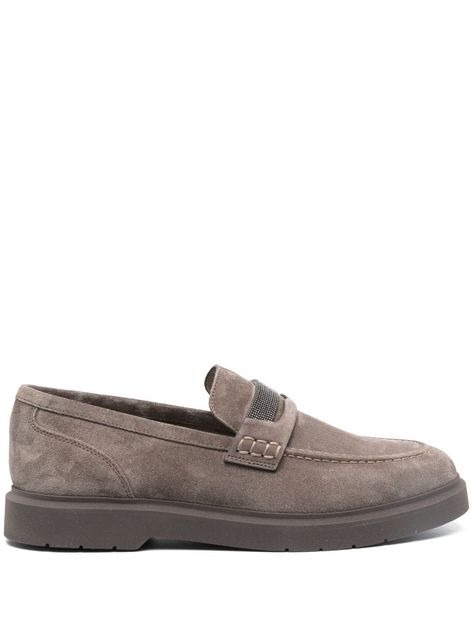 Brunello Cucinelli Monili chain-embellished Suede Loafers - Farfetch Designer Loafers, Women's Loafers, Suede Loafers, Penny Loafers, Brunello Cucinelli, Platform Shoes, Loafers For Women, Calf Leather, Designing Women