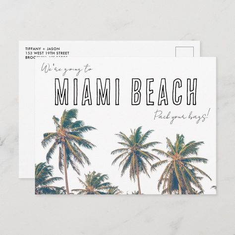 Miami Florida Beach Wedding Save the Date Postcard | #wedding #tropical #beach #destination #palmtree #packyourbags #unique #miami #florida Beach Wedding Save The Date, Destination Wedding Save The Date, Destination Beach Wedding, Jamaica Wedding, Tropical Beach Wedding, Florida Beach Wedding, Save The Date Postcard, Destination Wedding Mexico, Miami Beach Florida