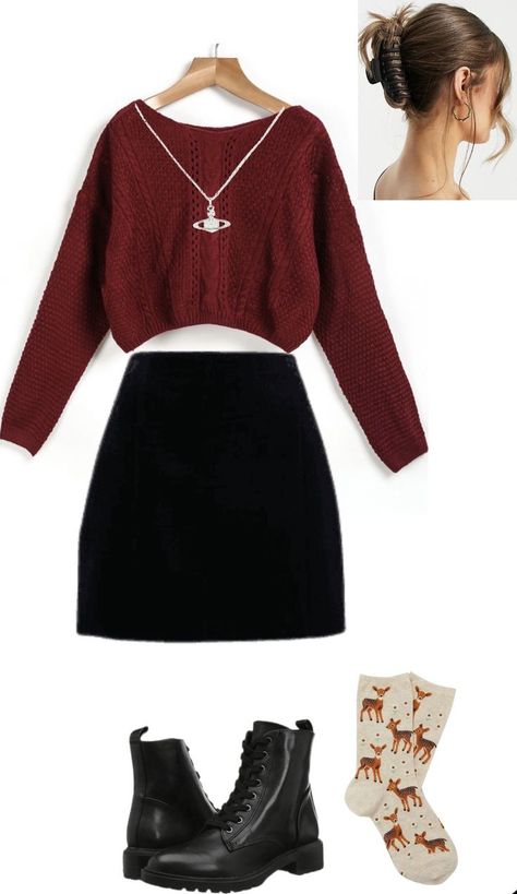 Fall Outfits Women College, Black Skirt And Red Top Outfit, Gray And Burgundy Outfit, Red Hair Aesthetic Outfit, Dark Red Clothes Aesthetic, Dark Red Outfit Aesthetic, Girly Edgy Outfits, Burgundy Fits, Maroon Outfits