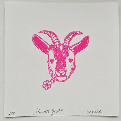 Goat Linocut, Cute Goat Art, Goat Sketch, Flower Linocut, Tattoo Goat, Goat Illustration, Goat Graphic, Goat Tattoo, Funky Tattoos