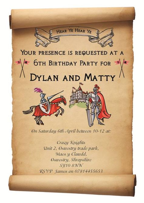 Knight party invitation Knight Party Invitation, Knights Themed Party, Knight Party Ideas, Medieval Theme Party, Royal Birthday Party, Knight Birthday Party, Castle Party, Knight Party, Dinner Invitation Template