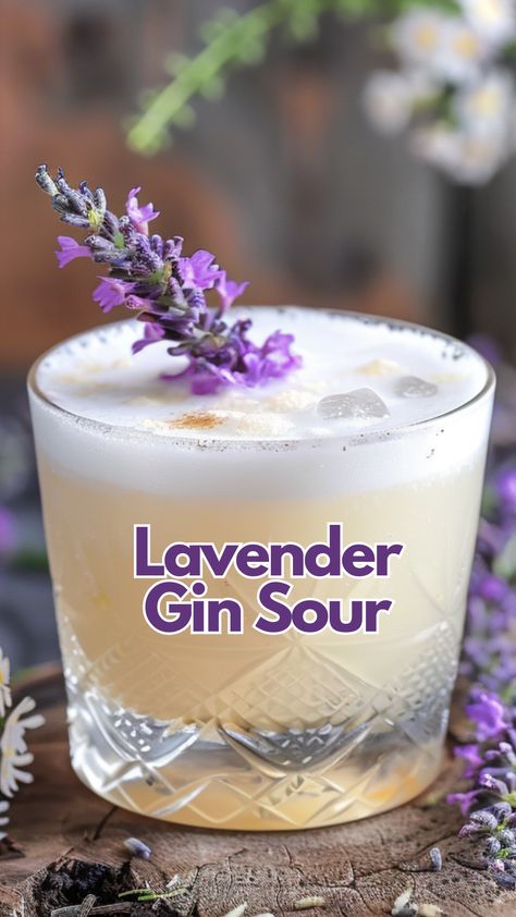 Lavender Gin Sour Lavender Whiskey Sour, Sage Gin Cocktails, Lavender Gin Fizz, Easy Gin Cocktails Recipes, Cocktails With Lavender Syrup, Purple Gin Cocktail Recipes, Lavender French 75, Lavender Drink Recipes, Gin Shots Recipes