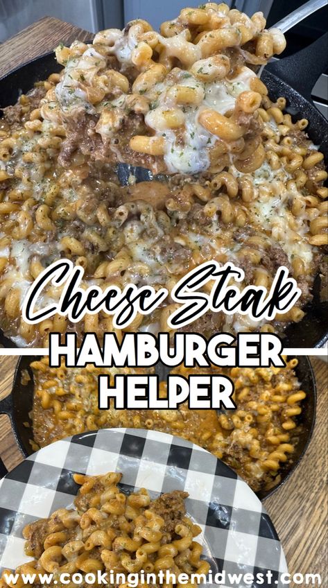 Skillet cheesy hamburger helper Cheesesteak Hamburger Helper, Philly Cheesesteak Hamburger Helper, Philly Cheese Steak Hamburger Helper, Homemade Philly Cheesesteak Hamburger Helper, Homade Hamburger Helper Recipes, Homade Hamburger Helper, Hamburger Meat Recipes Stove Top, Midwest Cooking, Hamburger Helper Homemade