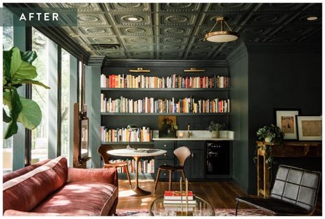 Dark green library by Joanna Gaines Green Library, Library Living Room, New Paint Colors, Library Wall, Home Library Design, Library Design, Inspiring Spaces, Magnolia Homes, Ceiling Tiles