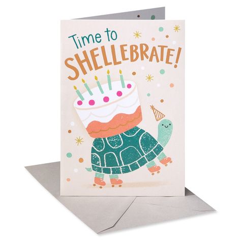 Give them a reason to smile with a super adorable birthday card. This card features a fun illustration of a turtle with a cake on its shell with copper foil stamping embellishments. The message includes cute turtle puns and there’s even room inside to write your own personalized note. Give it to a young relative, student, friend, or any other child in your life. They’re definitely going to love this sweet card. Envelope included. Turtle Puns, Birthday Card Puns, Birthday Puns, Punny Cards, American Greetings Cards, Happy Birthday Kids, Turtle Birthday, Cute Turtle, Birthday Cards For Mom