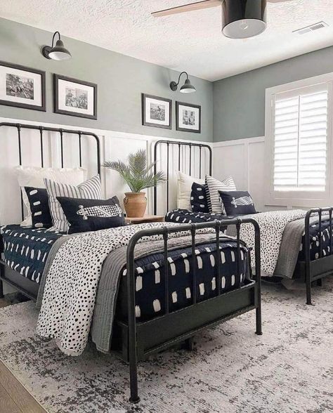 Twin Beds Guest Room, Shared Boys Rooms, Black And White Bedroom, Boys Shared Bedroom, Big Boy Bedrooms, Boy Bedroom Design, Toddler Boys Room, Twin Bedroom, Gorgeous Bedrooms