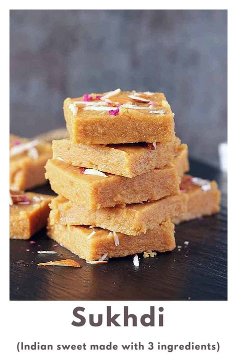 Made with only 3 ingredients, this authentic Gujarati sweet Sukhdi recipe is flavorful, tasty, and has a soft melt in the mouth texture. It is also called gur papdi or gol papdi. #gujarati #sweet #mithai #diwali #festival #indian Sweet Cooking, Indian Dessert, Moong Dal, Gluten Free Sweet, Slow Roast, Indian Dessert Recipes, Indian Desserts, Indian Sweets, Dessert Recipe