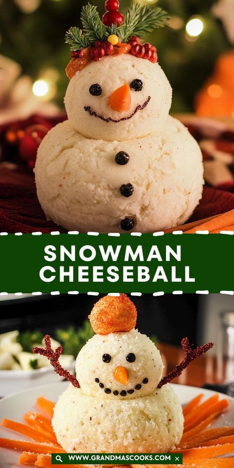 Celebrate the season with this Snowman Cheeseball! A savory, creamy cheese ball shaped like a snowman and perfect for dipping with crackers, veggies, or pretzels. It’s the ultimate holiday appetizer! Christmas Cheeseball, Snowman Cheeseball, Holiday Snack, Holiday Cheese, Christmas Cheese, Festive Appetizers, Holiday Appetizer, Cheese Ball Recipes, Holiday Snacks