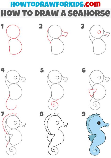 How to Draw a Seahorse - Easy Drawing Tutorial For Kids Draw A Seahorse, Seahorse Drawing, Trin For Trin Tegning, Animals Drawing, Easy Animal Drawings, Drawing Lessons For Kids, Easy Drawing Tutorial, Underwater Animals, Drawing Tutorials For Kids