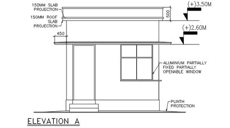 An elevation of the security room details are given in this Autocad 2D DWG drawing file. Download the AutoCAD drawing file. - Cadbull Autocad Plan, Security Post, Security Room, Drawing Block, Room Details, Autocad Drawing, Roof Plan, Window Frame, Steel Design