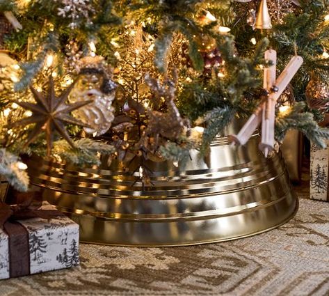 Christmas 2023: Decorations, Holiday Ornaments & Lights | Pottery Barn Metal Tree Collar, Tree Collar Christmas, Christmas Tree Collar, Traditional Holiday Decor, Tree Collar, Christmas Entertaining, Metal Christmas Tree, Gold Tree, Metal Tree