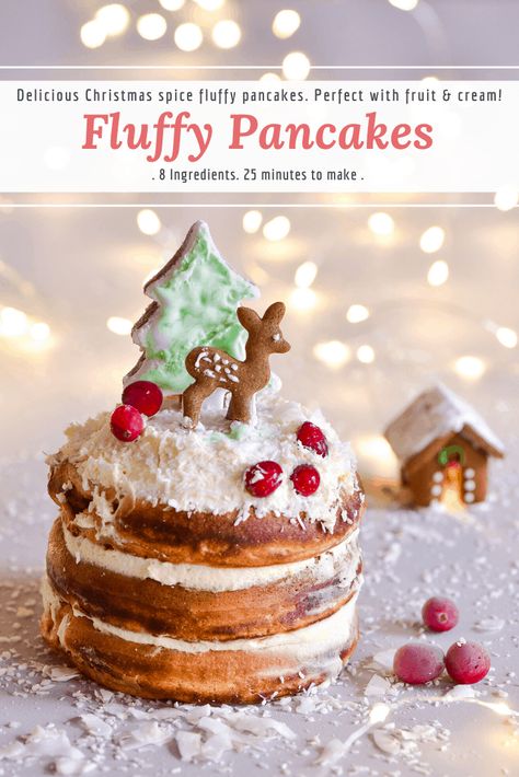 Delicious Christmas fluffy gingerbread pancakes recipe. A wonderful Christmas dessert recipe of Japanese-style fluffy pancakes served with coconut whipped cream and berries Gingerbread Pancakes Recipe, Fluffy Pancakes Recipe, Holiday Pancakes, Christmas Pancakes, Gingerbread Pancakes, New Year's Desserts, Fluffy Pancake Recipe, Pancake Cake, Souffle Pancakes