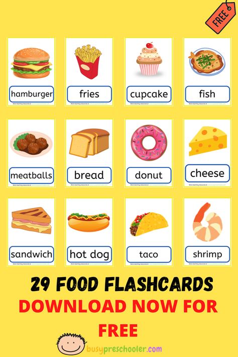 Food Flashcards Free Printable, Food Flashcards, Meatball Sandwich, Printable Flashcards, Restaurant Dishes, Shrimp Tacos, Printable Flash Cards, Cheese Bread, Bright Ideas