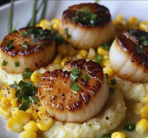 GIADA DE LAURENTIIS 🥣🍤✅ | Seared Scallops With Corn Puree | Facebook Scallops With Corn, Corn Puree, Salmon And Shrimp, Seared Scallops, Giada De Laurentiis, Scallops Seared, Corn Kernel, Weekly Ads, Paula Deen