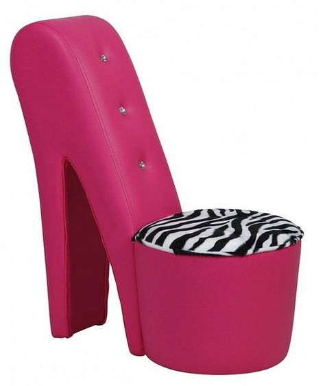 Crystal Stilleto Children's Pink Chair Fun Furniture Design, Ikea Office Chair, Princess Furniture, Shoe Chair, Zebra Chair, Pink Bedroom Furniture, Zebra Print Shoes, Hot Pink Shoes, Leather Wing Chair