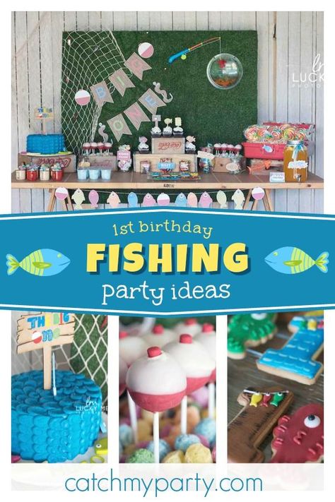 Check out this fun Fishing themed 1st birthday party! The fish sugar coated cookies are so cute!! See more party ideas and share yours at CatchMyParty.com #catchmyparty #partyideas #boy1stbirthdayparty #fishingbirthdayparty Food For Fishing Themed Party, Fishing Birthday Party Ideas, Party Games For Kids Birthday, Fishing Birthday Party Boys, Birthday Party Decorations At Home, Games For Kids Birthday Party, At Home Birthday Party, Fishing Party Decorations, Printable Birthday Decorations