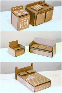 Todos a jugar: Ideas de muebles y electrodomésticos de cartón para jugar Cardboard Dollhouse, Barbie House Furniture, Diy Barbie House, Cardboard Box Crafts, Doll Furniture Diy, Paper Doll House, Diy Barbie Furniture, Seni Dan Kraf, Doll House Crafts