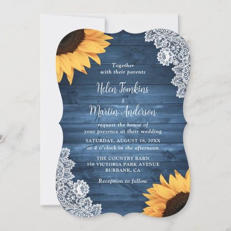 Rustic Dusty Blue Wood Lace Sunflower Wedding Invitation  Zazzle Sunflower And Lilac Wedding, Sunflower And Lavender Wedding, Purple Sunflower Wedding, Purple And Yellow Wedding, Purple Roses Wedding, Country Wedding Colors, Rustic Purple Wedding, Dark Teal Weddings, Country Wedding Centerpieces