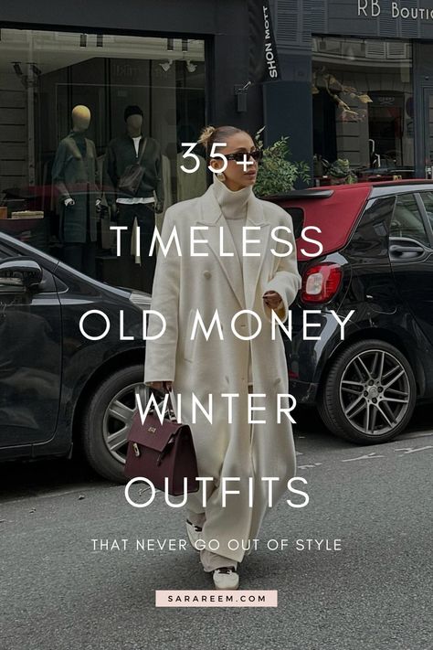 Looking for Old Money Winter Outfit ideas? Discover elegant, timeless, and classy outfit inspiration for women that captures the quiet luxury aesthetic. From chic coats to sophisticated skirts, these casual yet refined looks are perfect for winter 2024 and 2025. Embrace a wardrobe of effortless elegance with these old money winter outfits that blend style and warmth. #OldMoney #WinterOutfits #TimelessStyle #OutfitIdeas #ClassyFashion White Chanel Bag Outfit Casual, Creme Turtleneck Outfit, How To Style Cream Puffer Jacket, Wide Leg Pants And Turtle Neck Outfit, Ceo Winter Outfits, Chic Elevated Outfits, Relaxed Holiday Outfits, Old School Winter Outfits, Fluffy White Cardigan Outfit