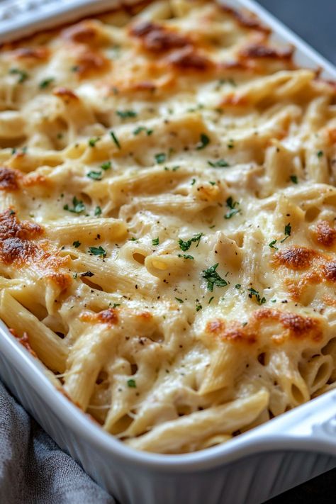 Dump and Bake Chicken Alfredo Casserole Easy Dump And Go Recipes, Rotisserie Chicken Recipes Oven, Best Recipes With Rotisserie Chicken, One Pan Chicken Dinner Baking, Easy Baked Dishes, Bake Chicken Alfredo Oven, Chicken Thigh Pasta Bake, Italian Chicken Pasta Casserole, Weekday Recipes Dinner