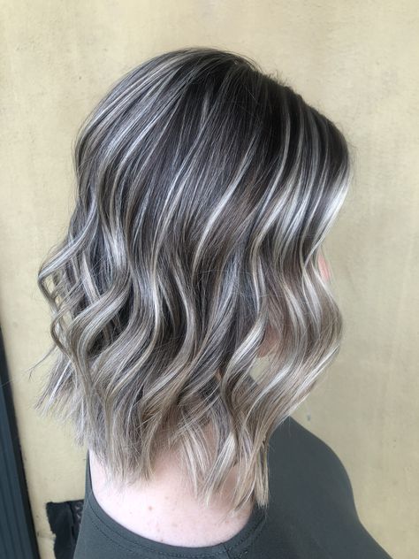 Ashgreyhair Highlight, Ash Highlights And Lowlights, Gray Blending Black Hair, Steel Gray Hair, Silver Money Piece, Dark Hair With Silver, Shadow Roots Hair Brunette, Grey Highlights In Brown Hair, Highlights To Blend Gray Hair Brunettes