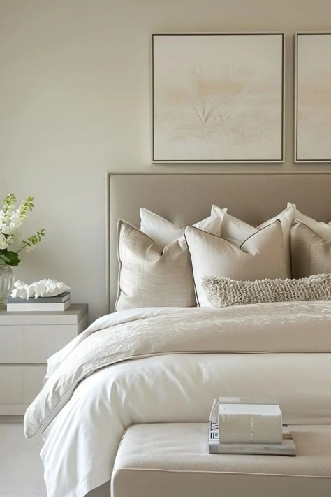 Cream And Beige Bedroom Aesthetic, Neutral Minimalist Bedroom Aesthetic, Beige Bedroom Inspirations, Cream Modern Bedroom, Tan Room Aesthetic, Bedroom Beige Bed, Nude Bedroom Aesthetic, Peaceful Bedroom Aesthetic, Beige Gray Bedroom