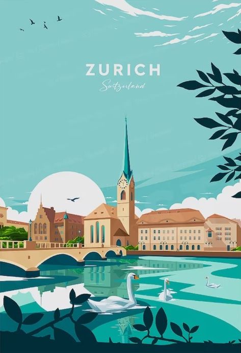 Switzerland Drawing Easy, Switzerland Drawing, Switzerland Illustration, Switzerland Art Illustrations, Germany Travel Poster, Zurich Travel, Travel Poster Switzerland, Switzerland Painting, Keep Calm Pictures