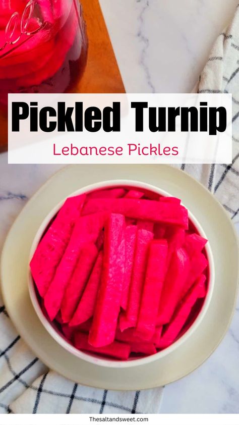 Get ready to fall in love with this Lebanese Pickled Turnips recipe! These crunchy, tangy, pink turnips are perfect for jazzing up falafel, shawarma, and any meal that would call for pickle! Lebanese Pickled Vegetables, Pickled Turnips Lebanese Recipe, Pickled Turnips Recipe, Pickle Turnips, Pickles Turnips, Pickled Turnips Lebanese, Lebanese Pickles, Falafel Shawarma, Turnips Recipe