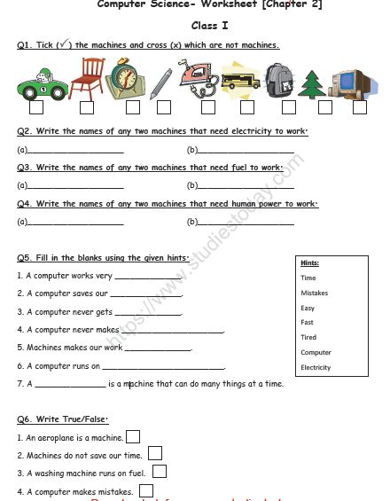 CBSE Class 1 Computer Science Revision Worksheet Set A Practice Worksheet for Computers Computer Worksheet Class 2, Computer Worksheet For Grade 4, Computer Worksheet For Class 1, Computer Worksheet, Computer Science Lessons, Worksheet For Class 2, Computer Ideas, Science Revision, Worksheets For Class 1