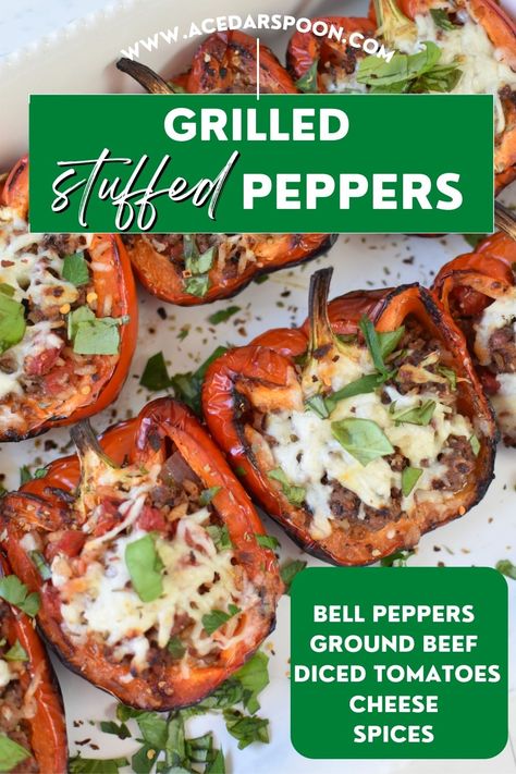 Grilled Stuffed Peppers are a great meal during the warmer months. Your favorite bell pepper is stuffed with a ground beef mixture including rice, spices, diced tomatoes, cheese and fresh herbs. The stuffed peppers are grilled to create that smoky, grilled flavor we all like. These peppers are a great way to use up your garden peppers or farmers market produce! Bbq Stuffed Peppers, Ground Chicken Stuffed Peppers, Southwest Stuffed Peppers, Stuffed Bell Peppers Ground Beef, Grilled Stuffed Peppers, Vegan Stuffed Peppers, Stuffed Peppers Healthy, Pork Salad, Hearty Lunch