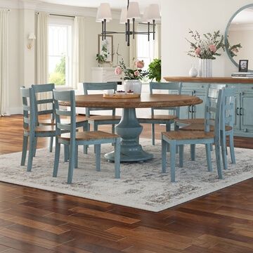 Country Round Table And Chairs, Boho Farmhouse Round Dining Table, Two Tone Dining Table Color Combos, Diy Old Table Makeover, Two Tone Kitchen Table, Old Dining Table Makeover, Blue Kitchen Chairs, Blue Dining Room Table, Round Farmhouse Kitchen Table