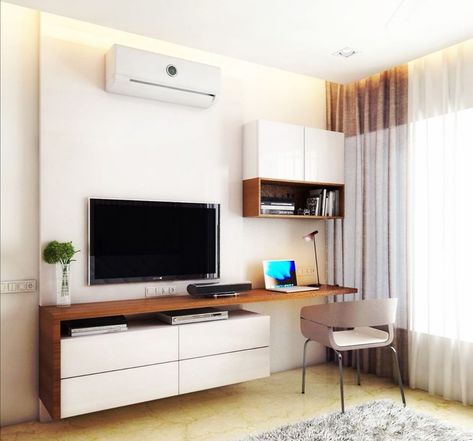 Bedroom Desk And Tv Unit, Tv With Desk Underneath, Tv And Desk In Bedroom, Tv Console With Desk, Bedroom Tv Unit Plus Study Table, Desk And Tv Stand Combo Bedrooms, Desk Below Tv, Living Room Tv Wall Workspace, Tv And Work Desk In Bedroom