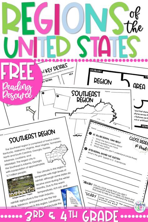 Grab these Regions of the United States free Social Studies printables! This set includes a reading passage, comprehension strategies and activities, graphic organizer, map, and vocabulary. Combines reading and social studies contents and is perfect for 3rd or 4th grade! CLICK HERE! #3rdgrade #4thgrade Regions Of The United States Activities, Free 3rd Grade Printables, 50 States Activities, Social Studies Printables, Passage Comprehension, Third Grade Social Studies, Regions Of The United States, Elementary Social Studies, 3rd Grade Social Studies