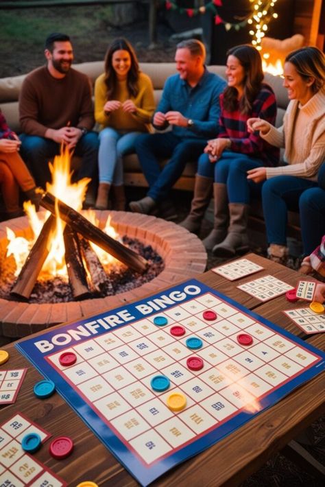 Outdoor Night Games, Bonfire Party Ideas, Twister Mat, Games Ideas For Adults, Party Games Ideas, Campfire Songs, Bonfire Party, Cooking Competition, Autumn Party