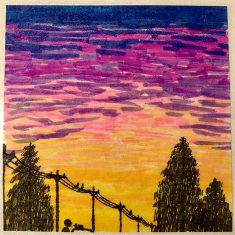 A sunset and power lines Drawing Sunset, Trash Art, Marker Drawing, I Forgot, To Draw, Markers, Amber, I Can, Drawings