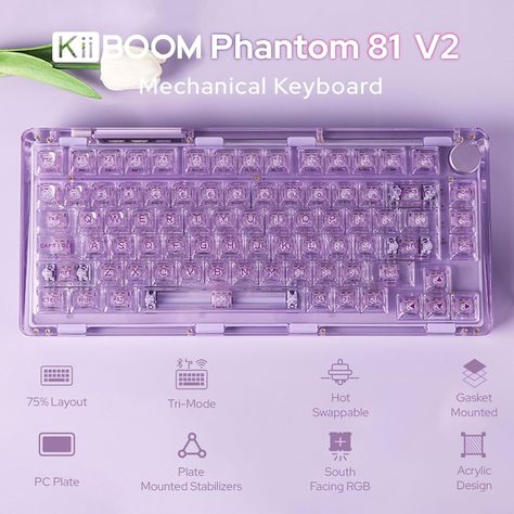 Clear Mechanical Keyboard, Purple Gaming Keyboard, Purple Computer Setup, Purple Gaming Setup, Aesthetic Keyboards, Purple Computer, Clear Keyboard, Purple Keyboard, Purple Video