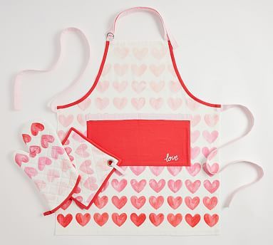 Watercolor Heart Cotton Apron, Oven Mitt, & Pot Holder Set | Pottery Barn Barn Watercolor, Vintage Grain Sack, French Stripes, Watercolor Heart, Cotton Apron, Oven Mitt, Heart For Kids, Valentine Day Crafts, Monogrammed Items