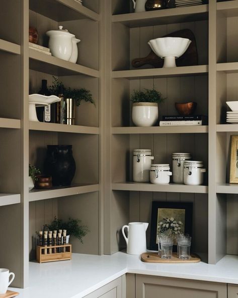 Butler's Pantry Inspiration Round Up - Farmhouse Living Waynesboro Taupe Benjamin Moore, Waynesboro Taupe, Taupe Benjamin Moore, White Pantry, Pantry Inspiration, Glass Pantry Door, Glass Pantry, Pantry Laundry Room, Butler’s Pantry