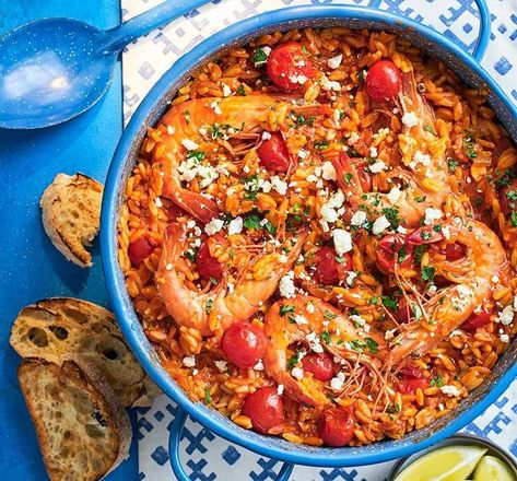 Prawn orzo saganaki-style Prawn Orzo, Prawn Saganaki, Saganaki Recipe, Canning Cherry Tomatoes, Orzo Recipe, Orzo Recipes, Prawn Recipes, Shrimp Recipes For Dinner, Shellfish Recipes