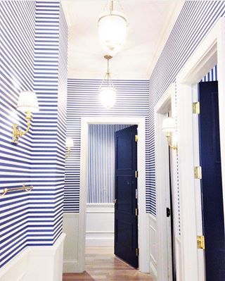 Mark D Sikes, Striped Walls, Coastal Living Room, Bathroom Wallpaper, Striped Wallpaper, Painted Doors, White Decor, My New Room, Coastal Decor