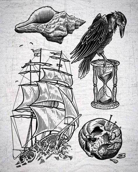 Etching Style Tattoo Design, Pirate Tattoo Aesthetic, Viking Flash Tattoo, Engraver Tattoo, Engraving Tattoo Linework, Engraving Tattoo Design, Woodcut Tattoo Flash, Engrave Tattoo, Cheers Tattoo