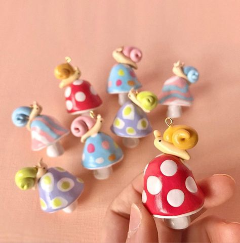 Sun Sprinkles on Instagram: “Snails on mushrooms 🐌🍄 These will be available during my next launch April 2 at 5pm EST! 💗 Save the reminder in my story now!” Snail Ornament, Clay Chibi, Clay Charms, My Story, Polymer Clay Jewelry, Clay Jewelry, Diy Gifts, Sprinkles, Polymer Clay